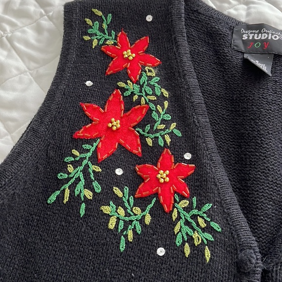 Designs Originals Studio Joy Sweater Vest Black with Red Poinsettias on - Picture 5 of 6